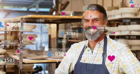 Happy Artisan in Pottery Studio with Digital Social Media Icons