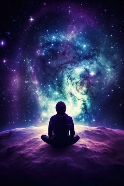 Man sitting on planet and admiring view of space with stars, created using generative ai technology. Cosmos, space and planets, spirituality concept digitally generated image.