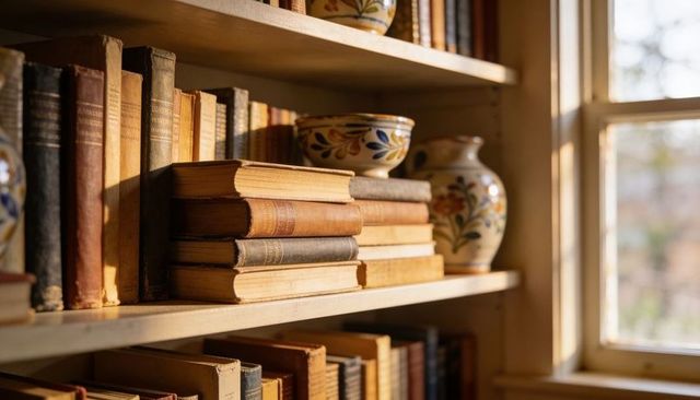 Sunlit vintage book stack on wooden shelf with floral ceramics and warm patina