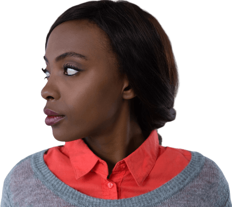 Thoughtful Young Woman in Red Top on Transparent Background