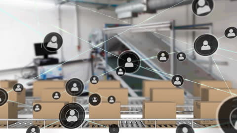 Digital Icons Overlay on Warehouse Automation Network Concept