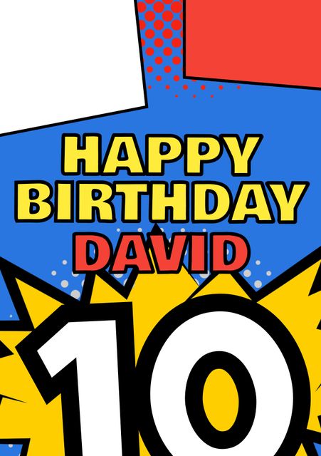 Bright, playful comic book style banner wishing a Happy Birthday for a 10th birthday celebration. Ideal for event invitations, social media posts, e-cards, and party decorations.