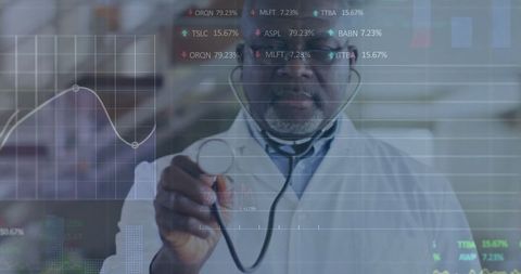 Doctor in Hospital Analyzing Data with Stethoscope and Technology Overlays