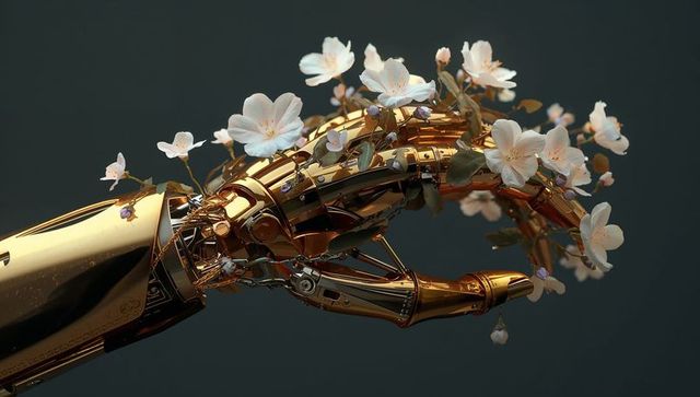 Gold robotic hand entwining pale pink cherry blossoms, exposing mechanical pistons and droplets