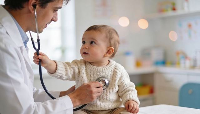 Pediatrician Examining Curious Baby Using Stethoscope in Bright Clinic Visit