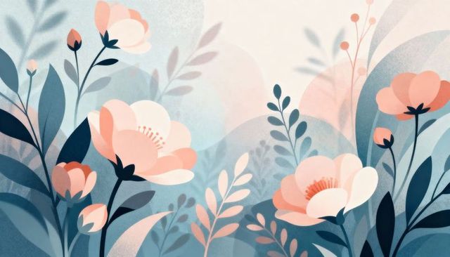 Blooming peach-pink blossoms with dark teal foliage pastel botanical illustration background