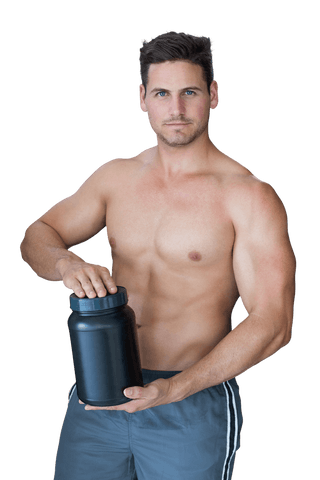 Transparent Background of Shirtless Fit Man Holding Protein Bottle