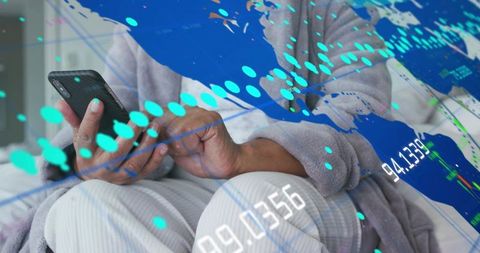 Senior Woman Using Smartphone in Bed with Global Data Overlay for Telehealth and Finance
