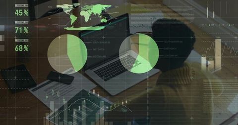 Data analyst at work with digital global business analytics overlay