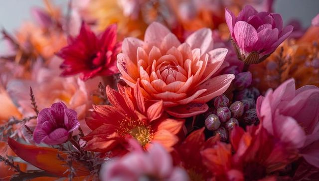 Lush peach and pink dahlia bouquet closeup showing layered petals and dew-kissed texture