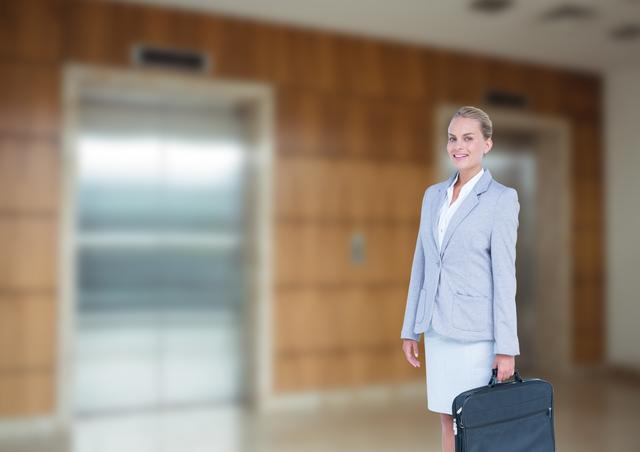 A businesswoman in a formal grey suit stands in front of an office elevator, holding a briefcase and smiling. Ideal for use in business articles, corporate trainings, or websites emphasizing professional environments and career opportunities.