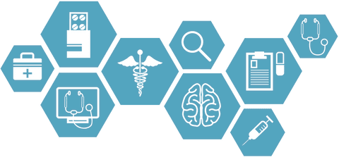 Transparent medical technology icons on hexagonal layout