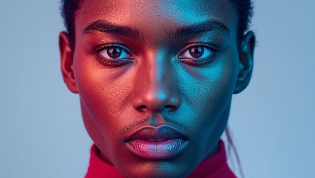 Duotone close-up portrait showcasing red high-neck top under cyan and red split lighting