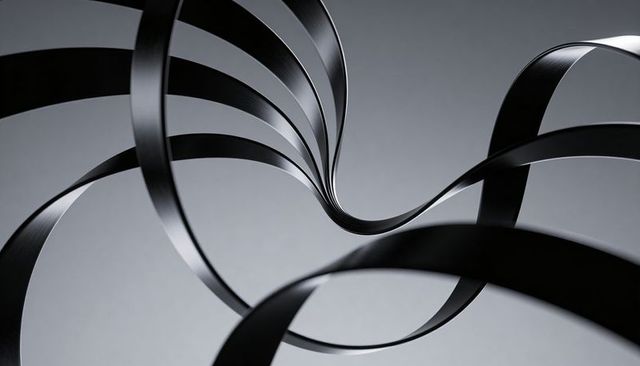 Twisting black metallic ribbons forming spiral sculpture minimal monochrome abstract