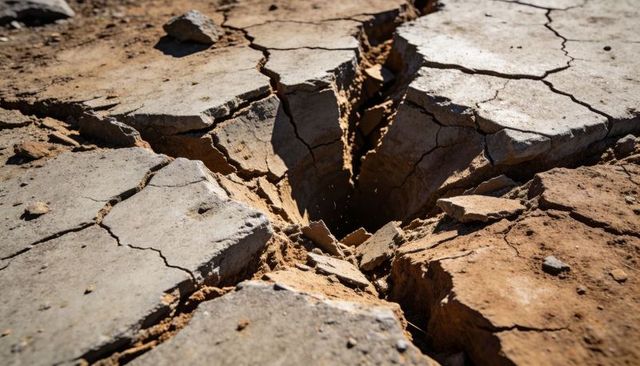 Deep cracked clay with central fissure on dried lake bed exposing sandy crevasse