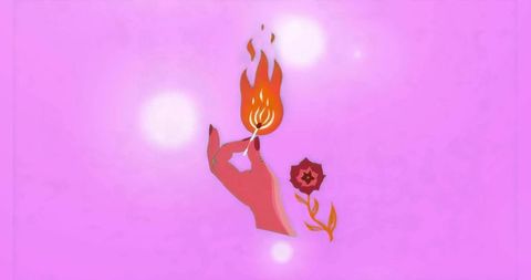 Holding lit match with flaming orange flame and red flower on pastel pink