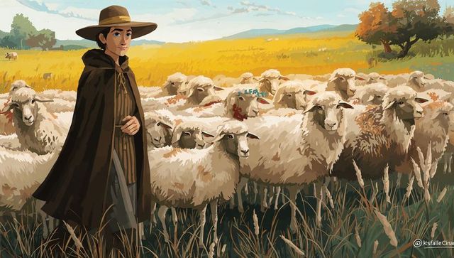 Guiding flock through sunlit meadow wearing straw hat and dark cloak, pastoral herder