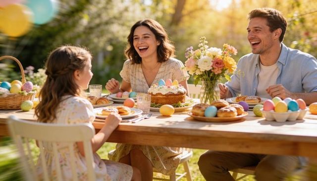 Sunlit family easter brunch celebrating togetherness with pastel eggs, cake, flowers