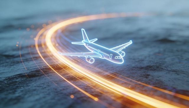 Neon wireframe airplane hologram gliding over dark ground with glowing orange trails