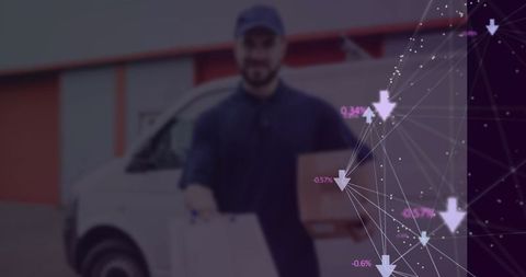 Courier holding package with digital overlay concept on logistics