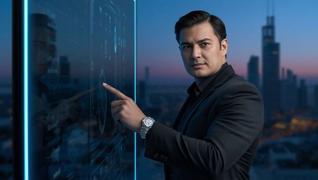 Businessman Analyzing Data on Futuristic Touchscreen