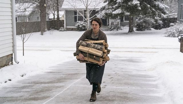 Woman carrying firewood on snowy suburban driveway, winter chore showing determination