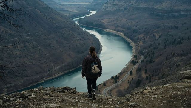 Standing hiker on cliff overlooking winding river valley, backpacking solitude