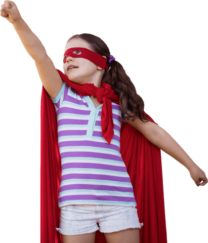 Confident Young Girl in Colorful Superhero Costume Transparent Background