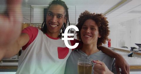 Posing smiling friends at cafe bar holding beer mug with euro currency symbol overlay