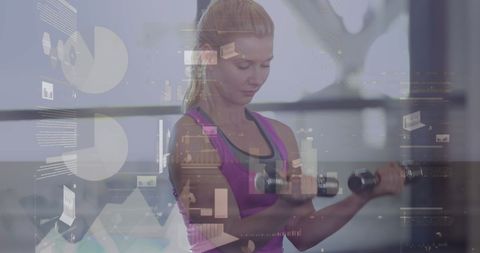 Woman Exercising Indoors with Dumbbells and Data Graphics Overlay