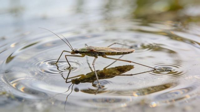 Water strider gliding on pond surface with clear reflection, concentric ripples and macro detail