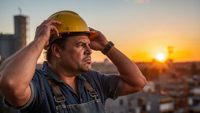 Seasoned rooftop worker adjusting yellow hard hat at sunset over urban industrial skyline