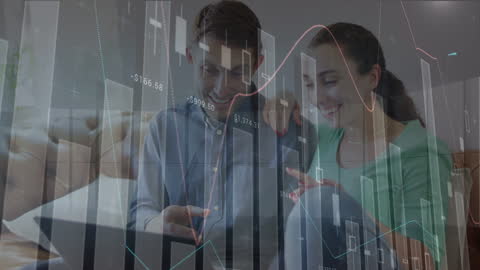 Diverse Couple Analyzing Financial Data on Laptop in Collaborative Setting