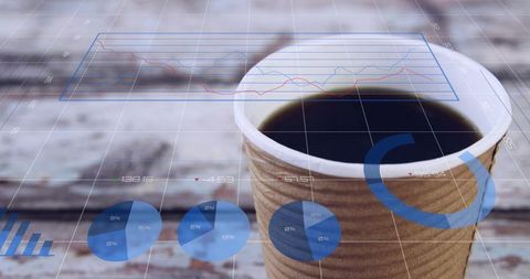 Corrugated Takeaway Coffee Cup with Financial Data Overlay and Infographics on Rustic Wood