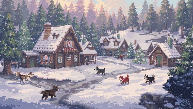 Pixel art winter village glowing lanterns, snow-covered cabins, wreaths and playful dogs
