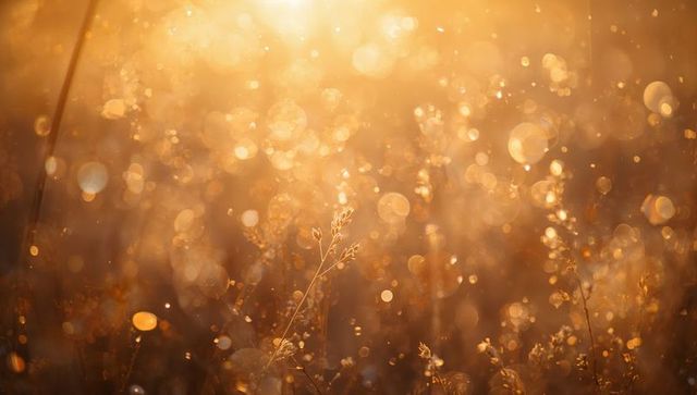 Backlit grass glowing in golden dawn with dew bokeh, warm sunrise field, dreamy golden light