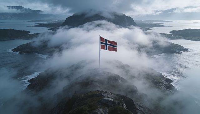 Norwegian flag fluttering over foggy coastal ridge in dramatic archipelago seascape