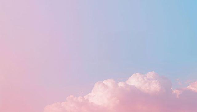 Drifting Pink Cumulus Clouds Crossing Pastel Sunrise Sky, Soft Gradient Mist, Serene Minimal