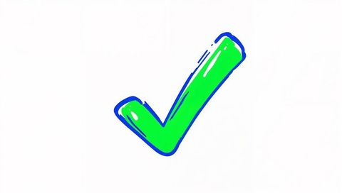 Bold hand-drawn green check mark with blue outline for approval, verification, branding