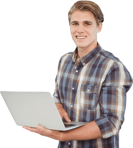 Confident Young Man Holding Laptop Against Transparent Background - Download Free Stock Videos Pikwizard.com