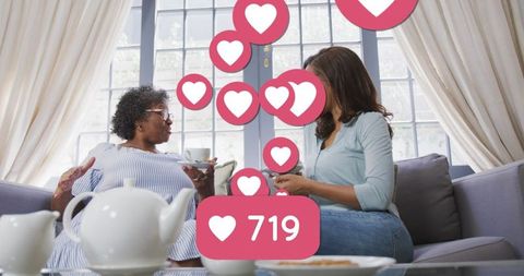 Women Having Conversation at Home with Social Media Interaction Overlay - Download Free Stock Images Pikwizard.com