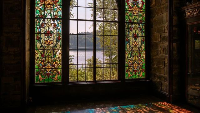 Historic arched window with stained glass casting colorful patterns
