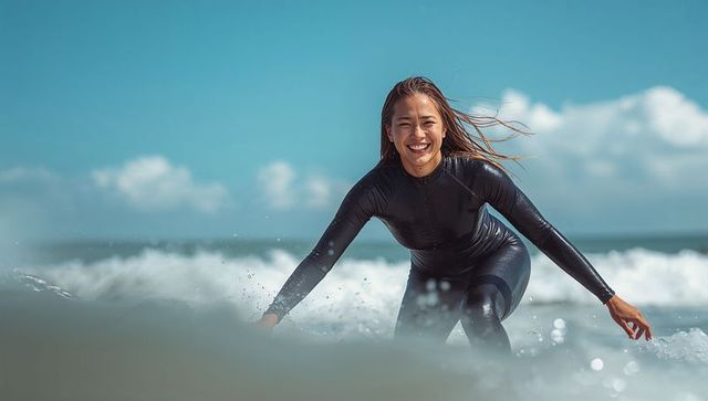 Smiling surfer paddling through nearshore waves wearing black full-body wetsuit on ocean