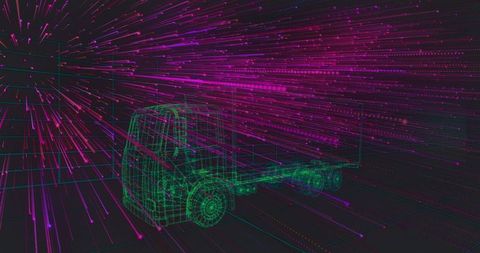 Virtual semi-truck wireframe in futuristic digital landscape