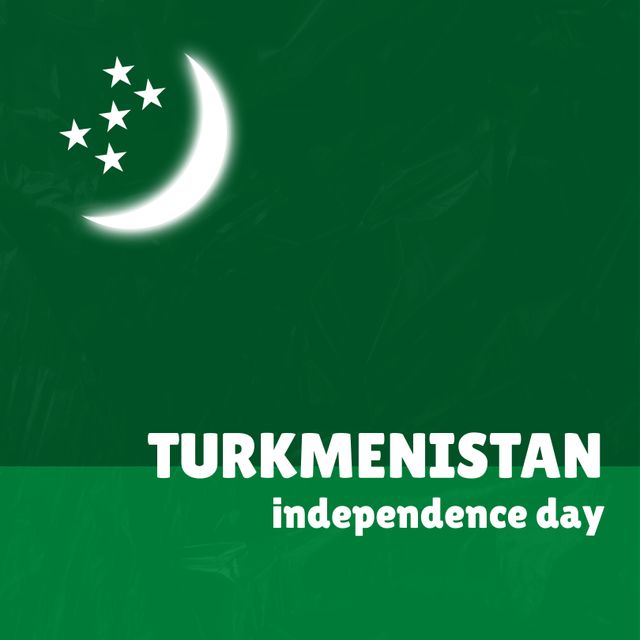 Illustration of turkmenistan independence day text with crescent moon and star shapes, copy space. Green background, vector, patriotism, celebration, freedom and identity concept.