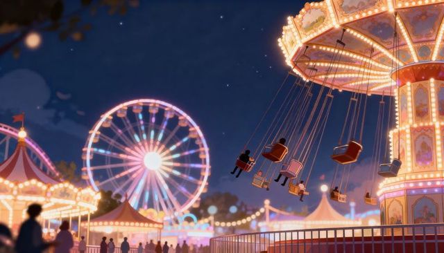 Swinging carousel chairs and illuminated ferris wheel at night carnival with glowing tents