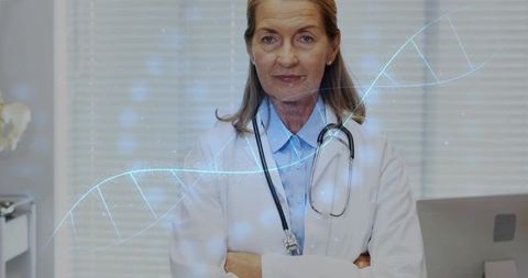 Senior female physician standing confidently with stethoscope and digital dna helix