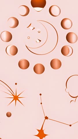 Vertical looping bronze moon orbiting inside circular ring with pulsing starburst on peach