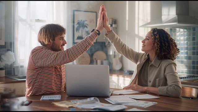 Couple Celebrating Success with High-Five at Kitchen Workspace