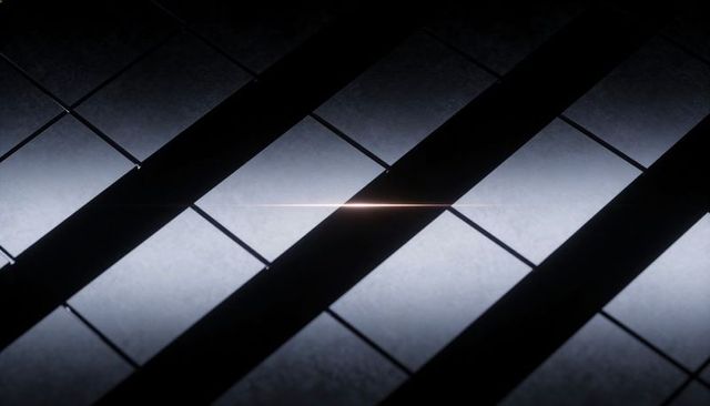 Diagonal shadow bands crossing textured tile grid, narrow horizontal light streak